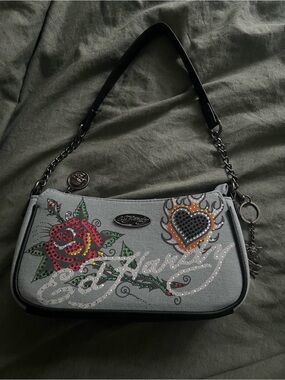 Ed Hardy Light Blue Jean Shoulder purse with Rose & Rhinestone Design.